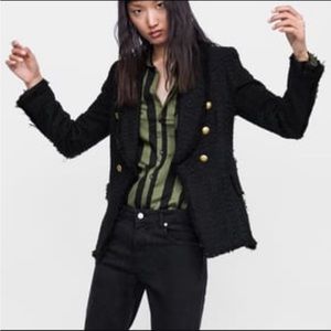 Zara black tweed blazer with gold buttons